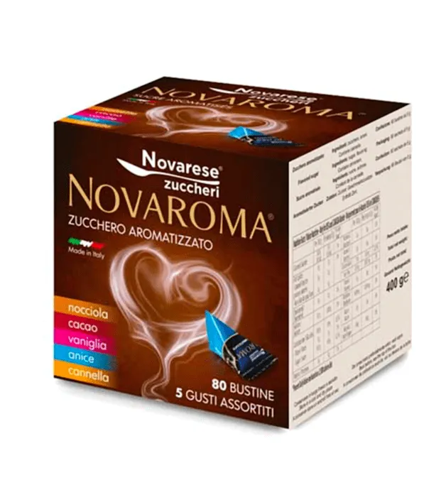 Novaroma Zucchero Aromatizzato Misto 80 Bustine - Anice, Nocciola, Cacao, Vaniglia, Cannella