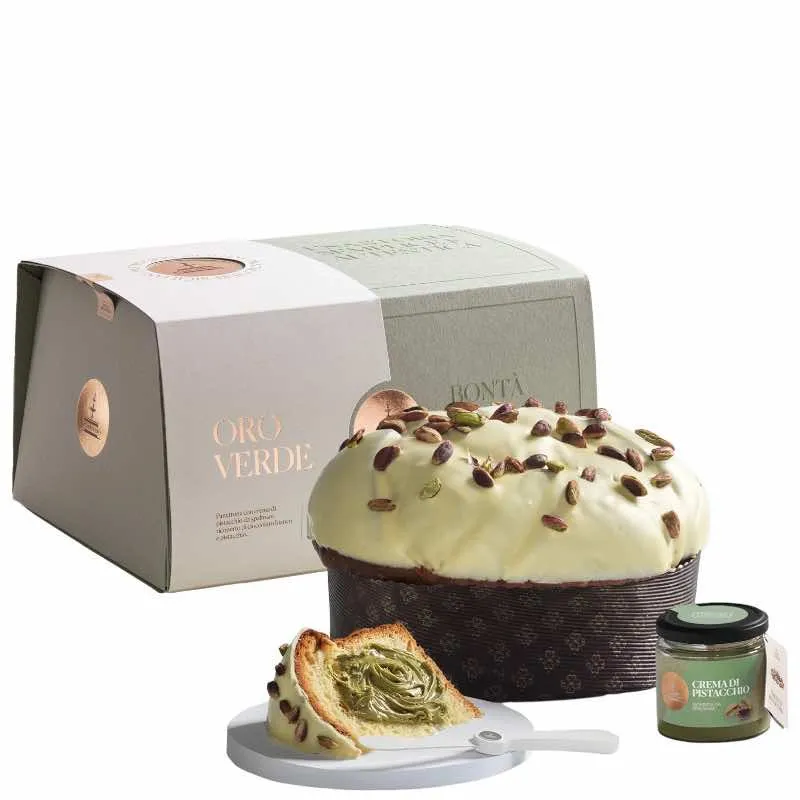 Panettone Fiasconaro Oro Verde 1kg con crema al Pistacchio e Spalmino