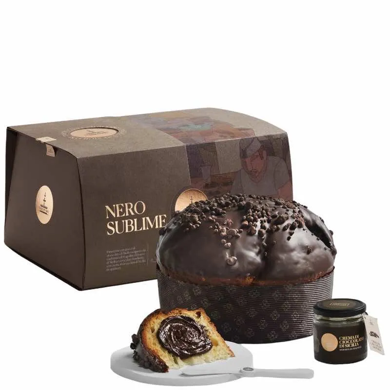 Panettone Fiasconaro Nero Sublime 1kg con crema al Cioccolato di Sicilia e spalmino