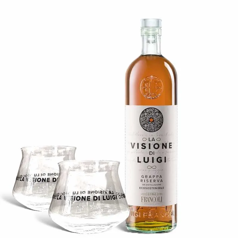La Visione di Luigi Francoli set Grappa La Riserva 700ml + 2 Bicchieri