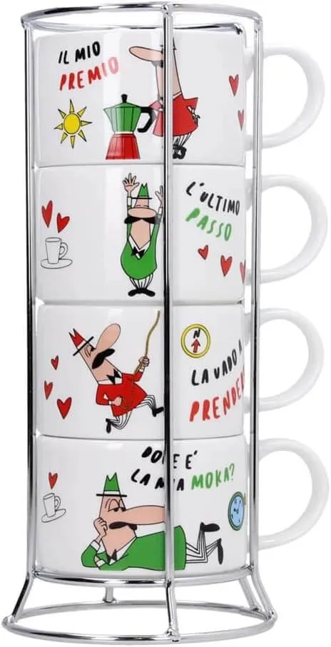 Bialetti - Set di 4 Tazzine Espresso Italia per Cappuccino, Impilabili con Supporto in Metallo