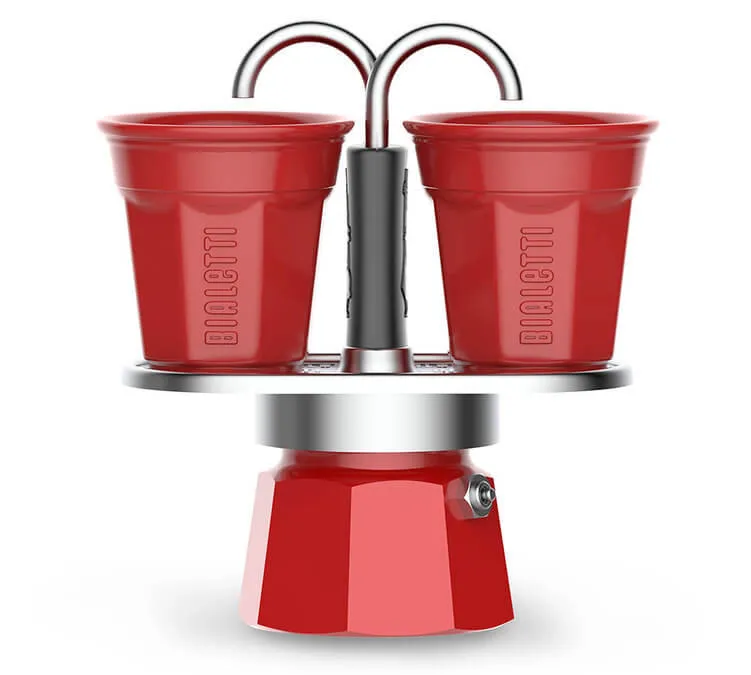 Bialetti - Caffettiera Mini Express con 2 Bicchieri Rossi, Capacità 2 Tazze
