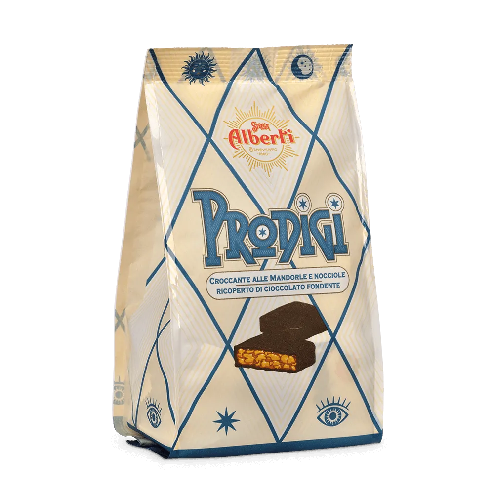 Prodigi - Croccante alle mandorle e nocciole ricoperto di cioccolato fondente Strega 150g