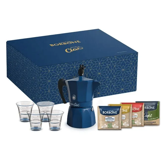 Box Regalo Moka Ciao Borbone Special Edition  Gas e Induzione - caffettiera con 30 cialde + 4 bicchierini OMAGGIO