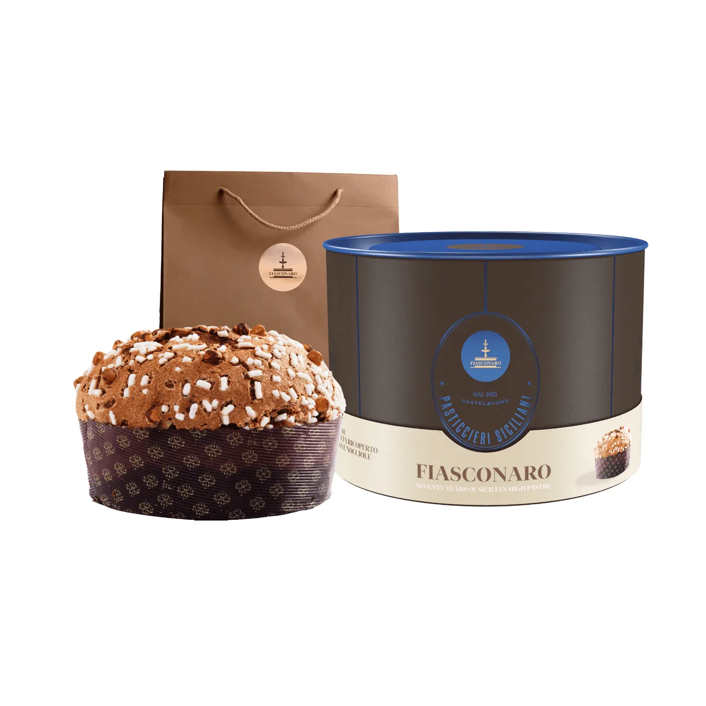 Panettone Fiasconaro Nocciole, con uvetta, glassa e nocciole, Scatola Elegante 1 kg