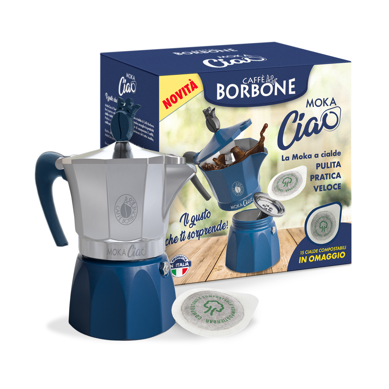 Moka Ciao Borbone - Caffettiera 3 tazze per Fornelli a Gas e Induzione con 15 Cialde OMAGGIO Colore Grigio e Blu